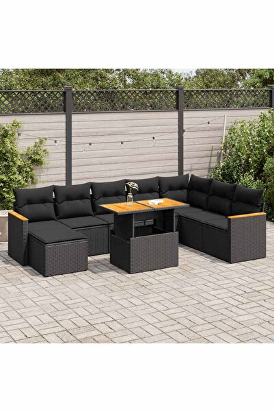 vidaxl Set mobilier gradina perne 9 piese negru poliratan/lemn acacia