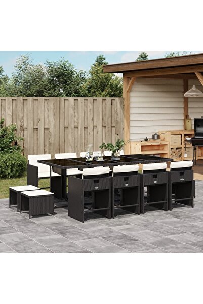 vidaxl Set mobilier de gradina cu perne, 13 piese, negru, poliratan