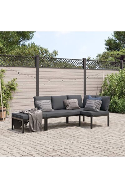 vidaxl Set canapea de gradina, 3 piese, cu perne, negru, aluminiu