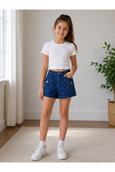 Bilge Trend Pantaloni scurți din denim pentru fete, cu buzunare cargo