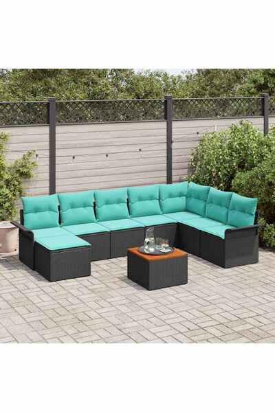 vidaxl Set de canapele pentru gradina cu perna 9 pcs Negru poliratan