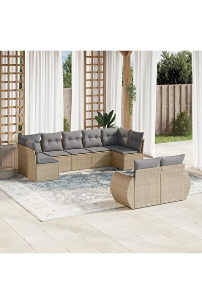 vidaxl Set canapele de gradina, 9 piese, cu perne, bej, poliratan