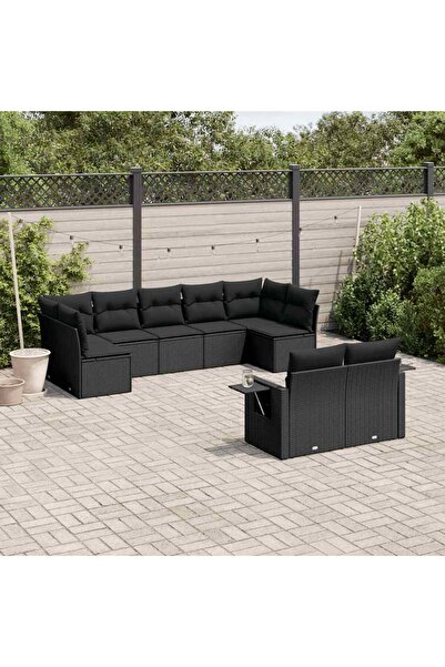 vidaxl Set mobilier de gradina cu perne, 9 piese, negru, poliratan