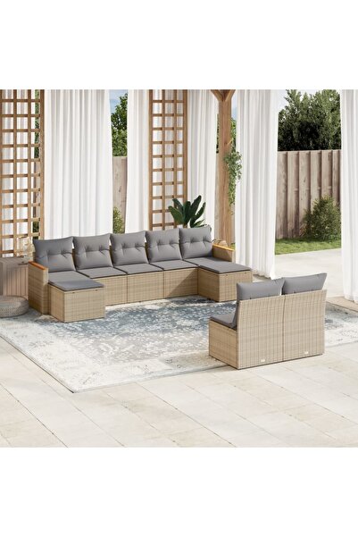 vidaxl Set canapele de gradina, 9 piese, cu perne, bej, poliratan