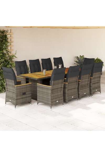 vidaxl Set bistro de gradina cu perne, 11 piese, gri, poliratan