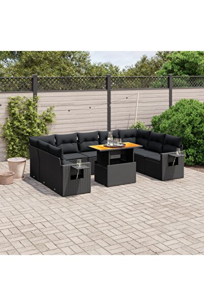 vidaxl Set canapele de gradina cu perne, 10 piese, negru, poliratan