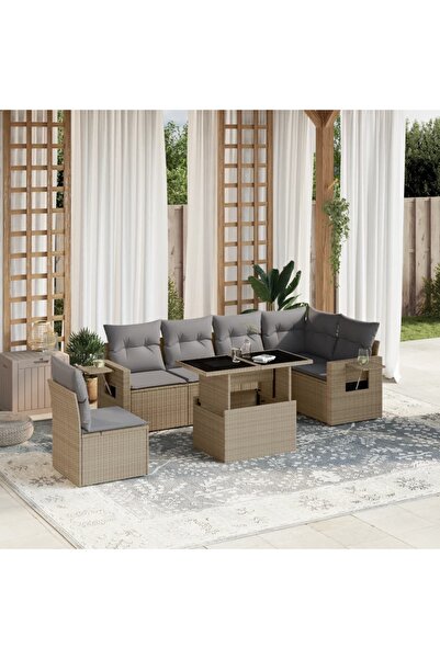 vidaxl Set canapele de gradina, 7 piese, cu perne, bej, poliratan