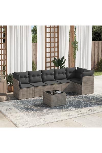 vidaxl Set canapele de gradina, 7 piese, cu perne, gri, poliratan