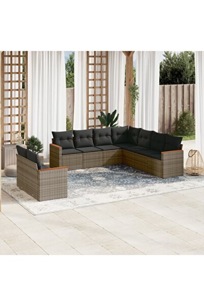 vidaxl Set canapele de gradina, 9 piese, cu perne, gri, poliratan