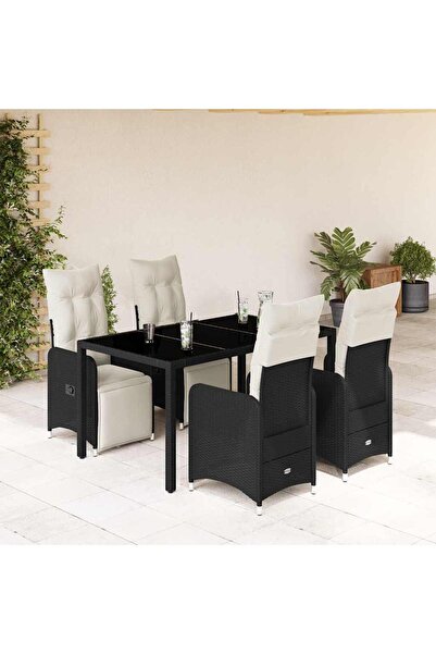 vidaxl Set bistro de gradina cu perne, 5 piese, negru, poliratan