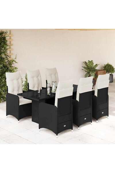 vidaxl Set bistro de gradina, 7 piese, cu perne, negru, poliratan