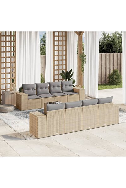 vidaxl Set canapele de gradina, 9 piese, cu perne, bej, poliratan