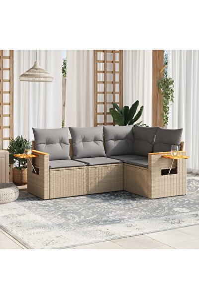 vidaxl Set canapele de gradina, 4 piese, cu perne, bej, poliratan