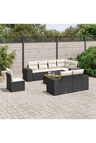 vidaxl Set mobilier de gradina cu perne, 9 piese, negru, poliratan