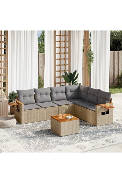 vidaxl Set canapele de gradina, 7 piese, cu perne, bej, poliratan