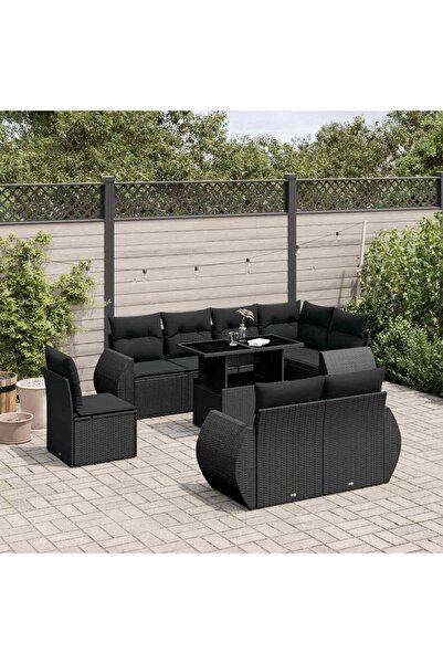 vidaxl Set mobilier de gradina cu perne, 9 piese, negru, poliratan