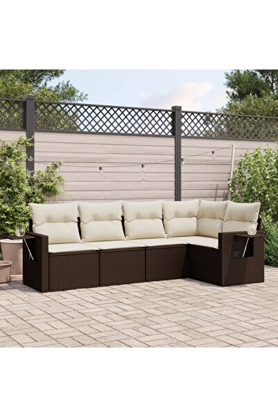 vidaxl Set canapele de gradina cu perne, 5 piese, maro, poliratan