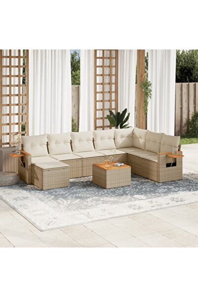 vidaxl Set canapele de gradina, 9 piese, cu perne, bej, poliratan