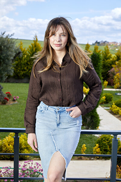 Nuevo Brown Patch Textured Women's Shirt Classic Cut Long Sleeve Shirt -