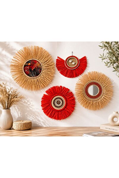 Home Bohem Handmade 4'lü Set Deniz Boncuklu Aynalı Melek Figürlü Doğal Rafya ...