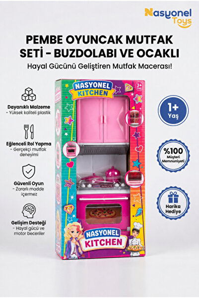 NASYONEL TOYS Pembe Oyuncak Mutfak Seti Buzdolabı Ocak Fırınlı Eğitici ve Eğl...