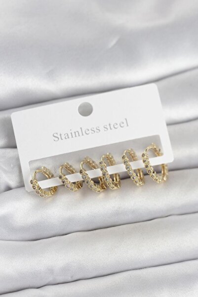 Clariss 316L Çelik Gold Renk Zirkon Taşlı Halka Model Kadın Küpe Seti