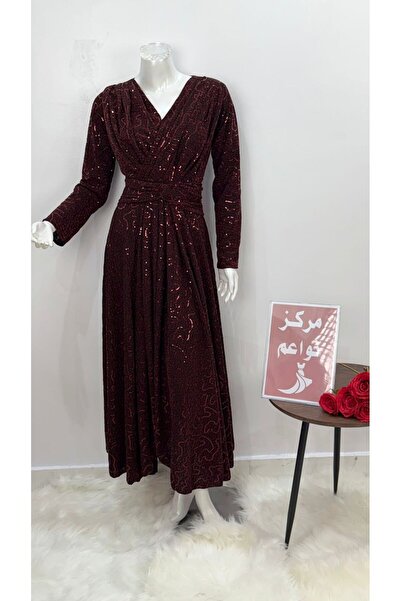 NAWAEIM فستان سهرة عنابي غامق طويل مزين بالترتر بتصميم كلوش راقٍ