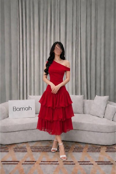 Bamah فستان احمر ميدي السن المحير فخم