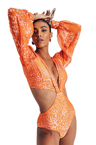 VeeShop Costum de baie intreg, maneci lungi, decolteu in V si laterale decupate