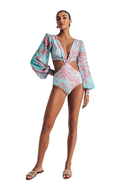 VeeShop Costum de baie intreg, imprimeu corali, maneci lungi, si laterale dec...