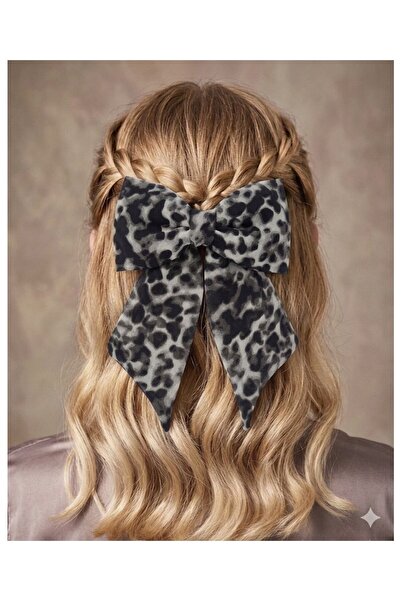 JZ MODA Leopard Patterned Gray Chiffon Bow Automatic Buckle