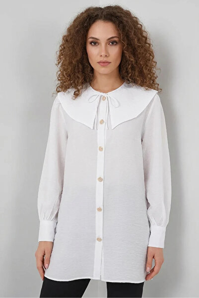 buğrahayalin Women's Baby Collar Long Sleeve Viscose White Tunic