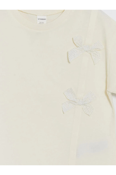 LC Waikiki Ecru Bow Detailed Girls' T-Shirt
