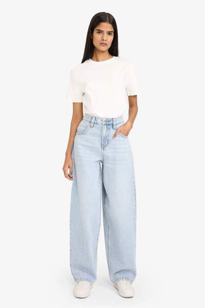 DeFacto Baggy Fit High Waist Straight Leg Long Jean Snow Washed Trousers G493...
