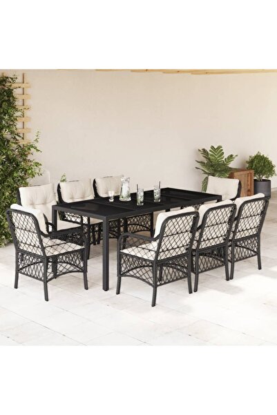 vidaxl Set mobilier de gradina cu perne, 9 piese, negru, poliratan