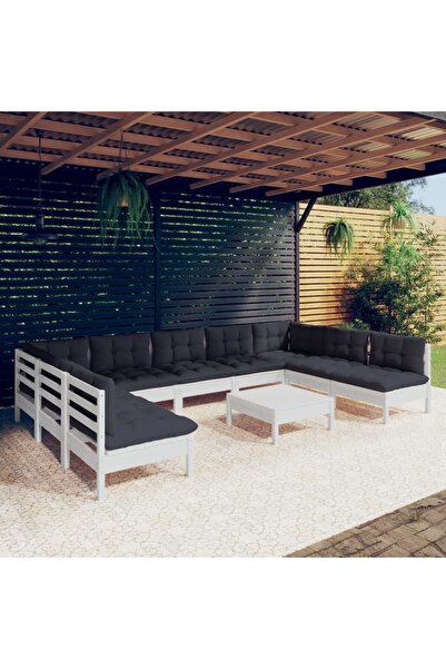 vidaxl Set mobilier gradina cu perne, 10 piese, alb, lemn masiv pin