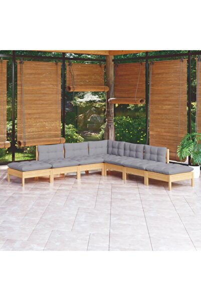 vidaxl Set mobilier gradina cu perne gri, 7 piese, lemn masiv de pin