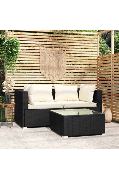 vidaxl Set mobilier de gradina cu perne, 3 piese, negru, poliratan