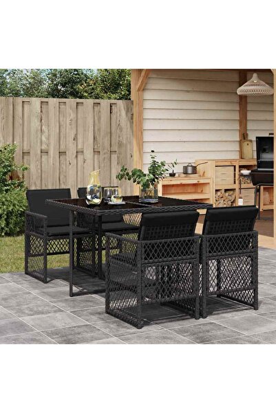 vidaxl Garden furniture set with cushions, 5 pieces, black, polyrattan