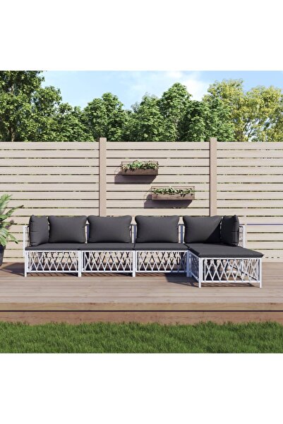 vidaxl Set mobilier de gradina, 5 piese, cu perne, alb, otel
