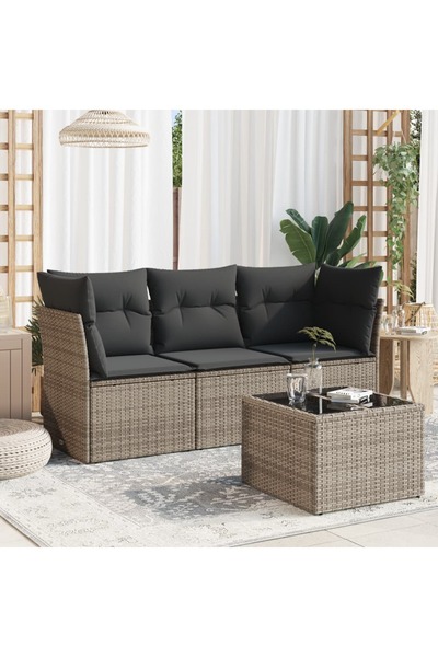 vidaxl Garden sofa set with cushions, 4 pieces, grey, polyrattan