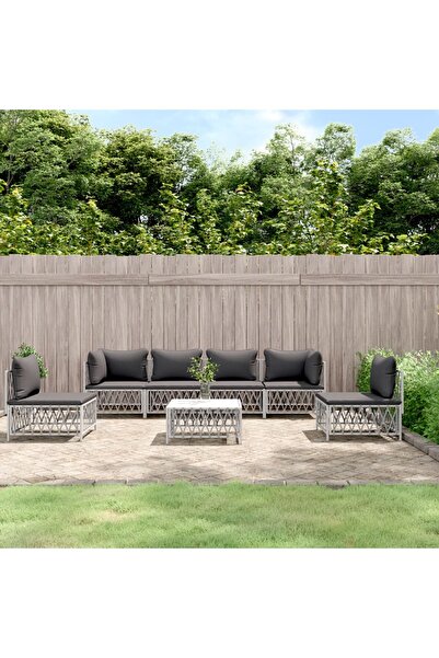 vidaxl Set mobilier de gradina cu perne, 7 piese, alb, otel