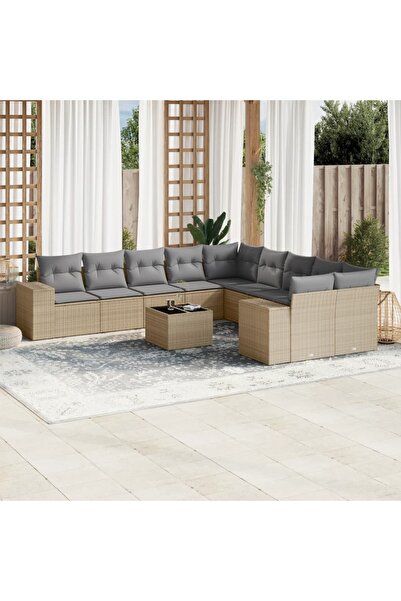 vidaxl Garden sofa set with cushions, 11 pieces, beige, polyrattan