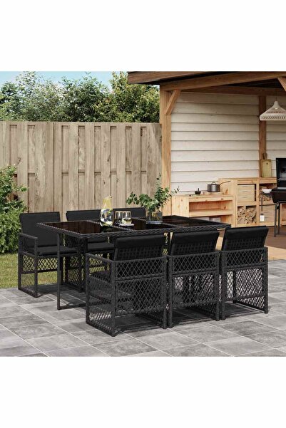 vidaxl Garden furniture set with cushions, 7 pieces, black, polyrattan