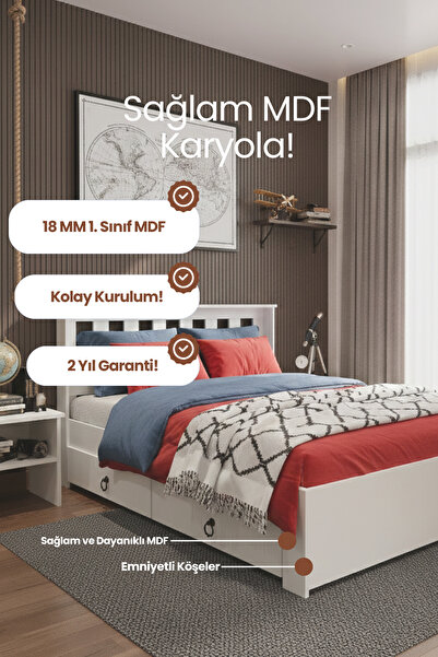 RENAZZO Stark Tek Kişilik 2 Çekmeceli Modern Karyola - 1. Sınıf 18 mm MDF ve ...