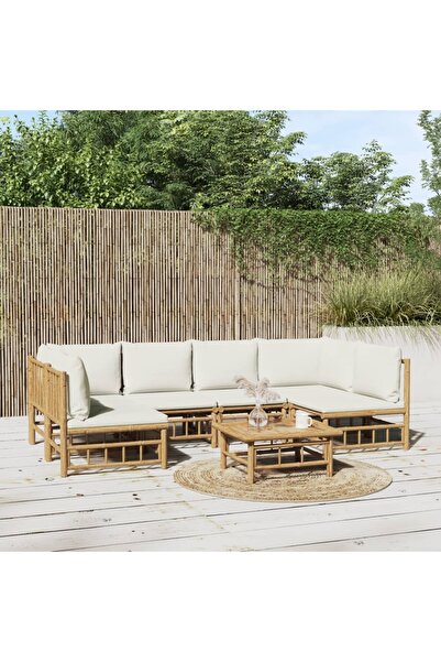 vidaxl Set mobilier de gradina cu perne alb crem, 7 piese, bambus