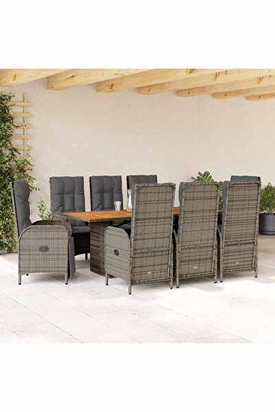 vidaxl Garden furniture set with cushions, 9 pieces, grey, polyrattan