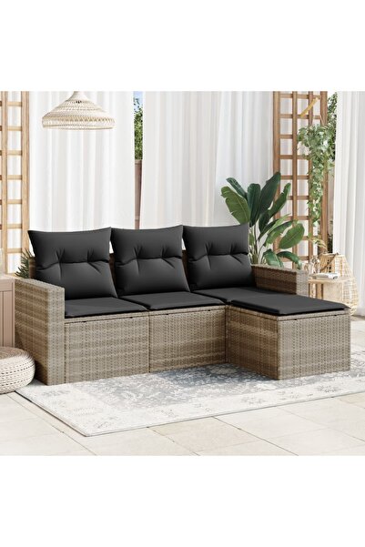 vidaxl Garden sofa set with cushions, 4 pieces, light grey polyrattan