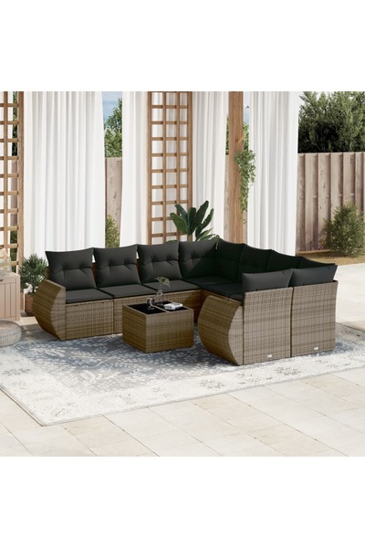 vidaxl Garden sofa set, 9 pieces, with cushions, grey, polyrattan