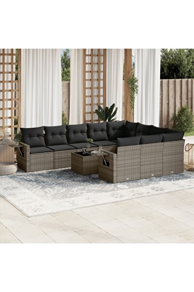 vidaxl Garden sofa set with cushions, 11 pieces, grey, polyrattan